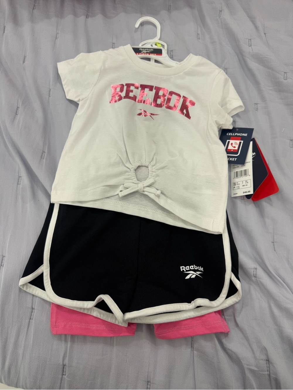 Reebok 3 piece set White Tee & Black Athletic Shorts with Pink Liner